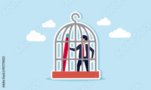 A businessman trapped in a birdcage, holding a pencil, Illustration concept of Productivity of a business owner restricted, hindered business performance