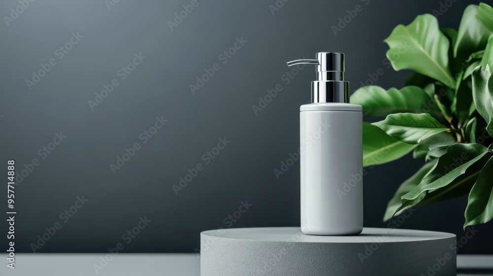 Close-up of a sleek, minimalist lotion dispenser placed on a stylish round stand with greenery in the background. Close-up of a sleek, minimalist lotion dispenser placed on a stylish round stand with greenery in the background.