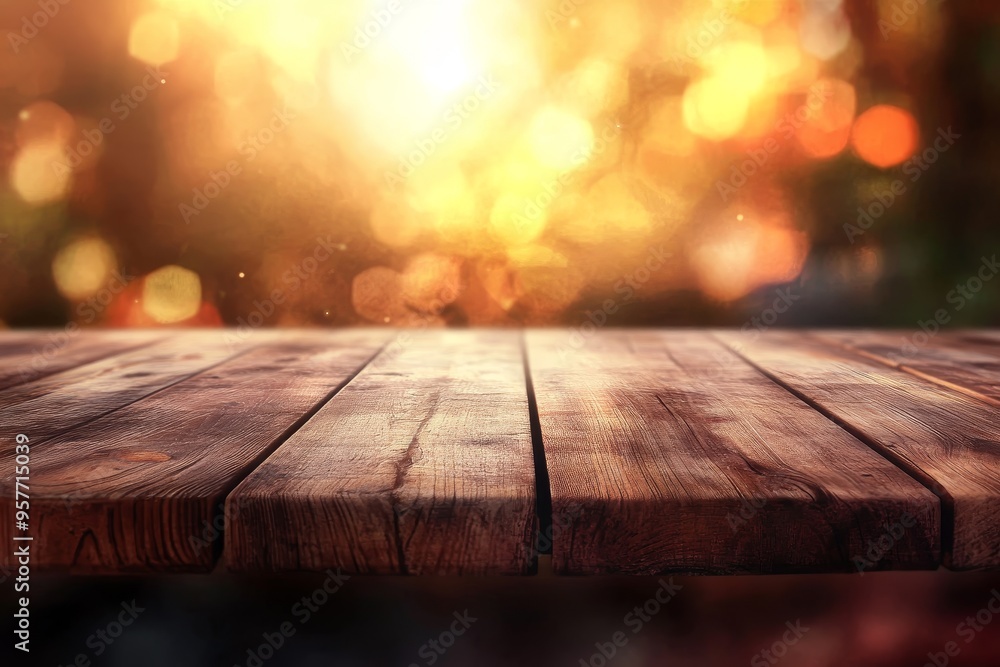 Wooden table top against a blurry, golden sunset background. Wooden table top against a blurry, golden sunset background.