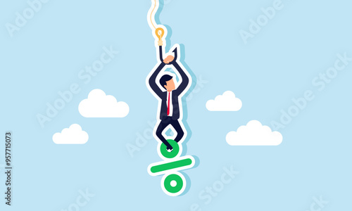 A businessman hanging from a rope hook, securing his percentage with his feet, Illustration concept of Safeguarding a share of company profits or securing dividends from held stock