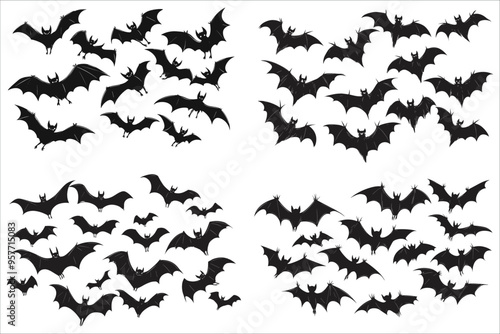 Halloween bat silhouettes, Halloween flying bat silhouettes, Happy holiday Halloween bat silhouettes, Happy Halloween bats flying in the sky