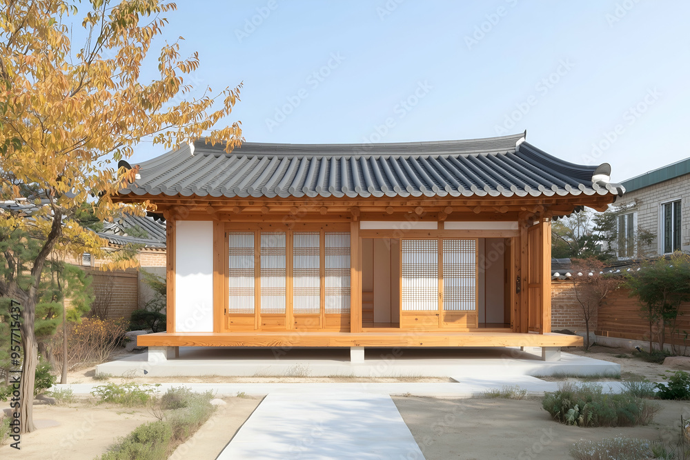 Traditional Korean Hanok House with Wooden Structure and Tiled Roof under Blue Sky Traditional Korean Hanok House with Wooden Structure and Tiled Roof under Blue Sky