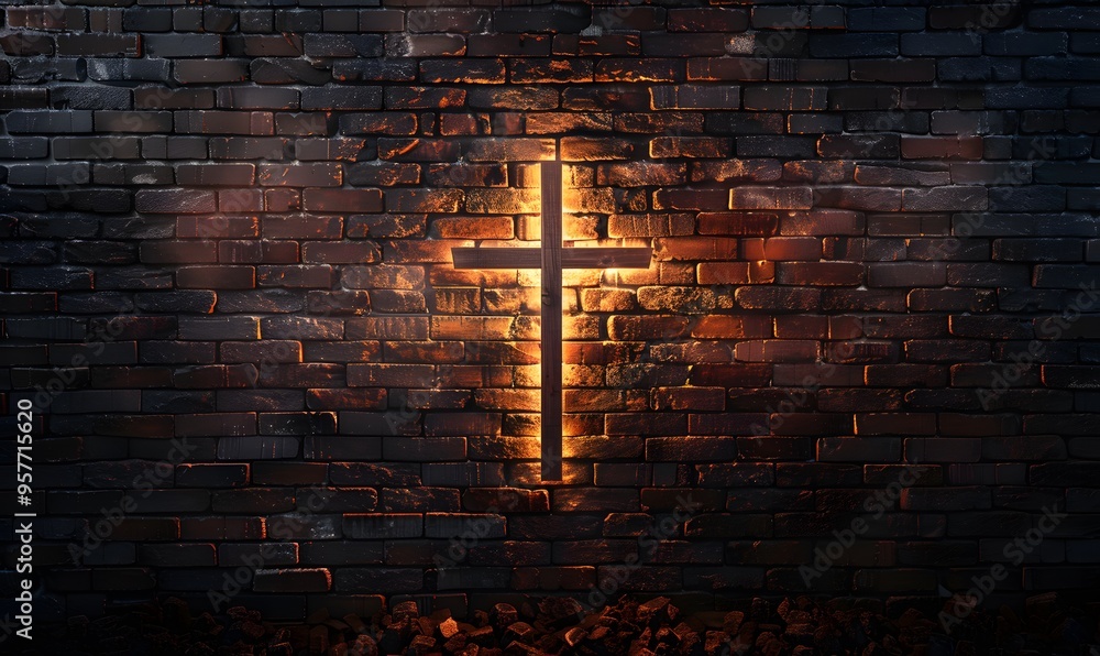 Lighted Cross Background. Back lit cross on a brick background with copy space. Lighted Cross Background. Back lit cross on a brick background with copy space.