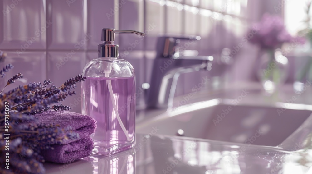 Soap Dispenser: Graceful glass soap dispenser with chrome pump, housing lavender liquid soap, offering both elegance and utility to complement your bathroom decor.
Soap Dispenser: Graceful glass soap dispenser with chrome pump, housing lavender liquid soap, offering both elegance and utility to complement your bathroom decor.