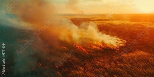 Aerial Perspective of Spring Dry Grass Burning in Hot Weather Drought Bush Fire and Smoke in Meadow Field Uncontrolled Wildfire Consuming Grassland Environmental Hazard of Air Pollution Impa photo