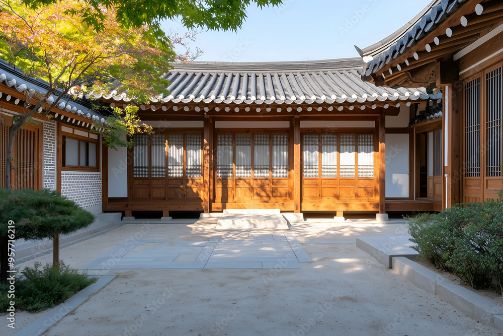 Traditional Korean Hanok House with Wooden Structure and Tiled Roof under Blue Sky Traditional Korean Hanok House with Wooden Structure and Tiled Roof under Blue Sky