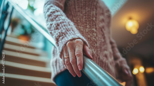 Senior woman using handrail on staircase indoors