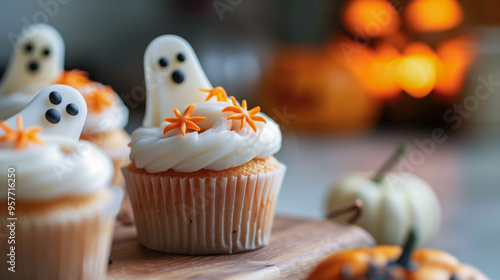 Halloween-themed cupcakes with ghost decorations and jack-o-lanterns