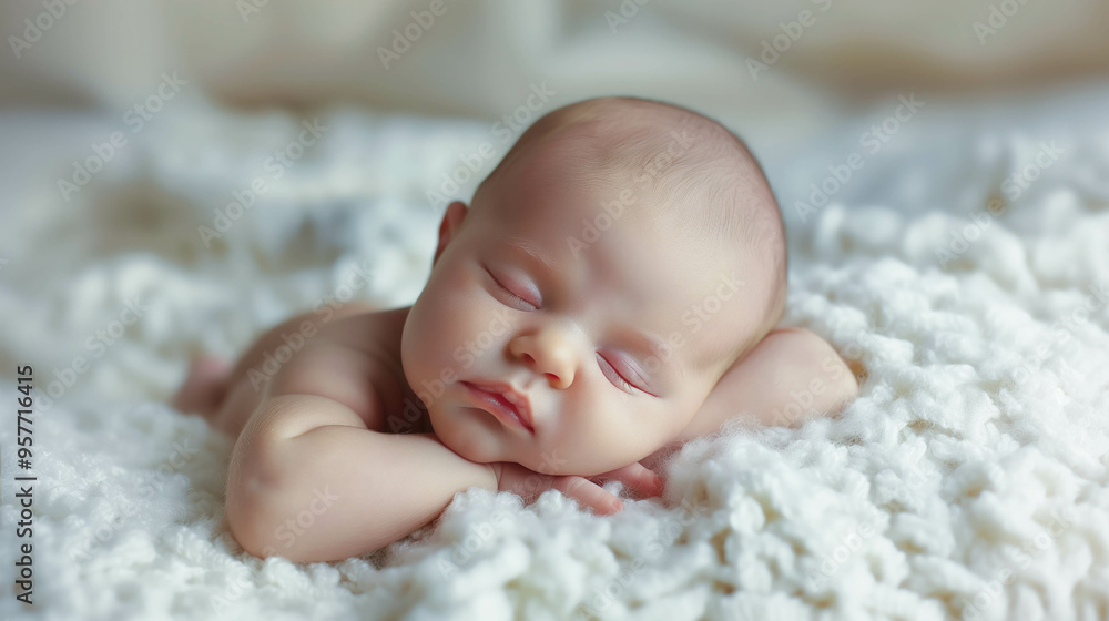 Newborn Baby Sleeping on Soft White Blanket, Pure Innocence Newborn Baby Sleeping on Soft White Blanket, Pure Innocence
