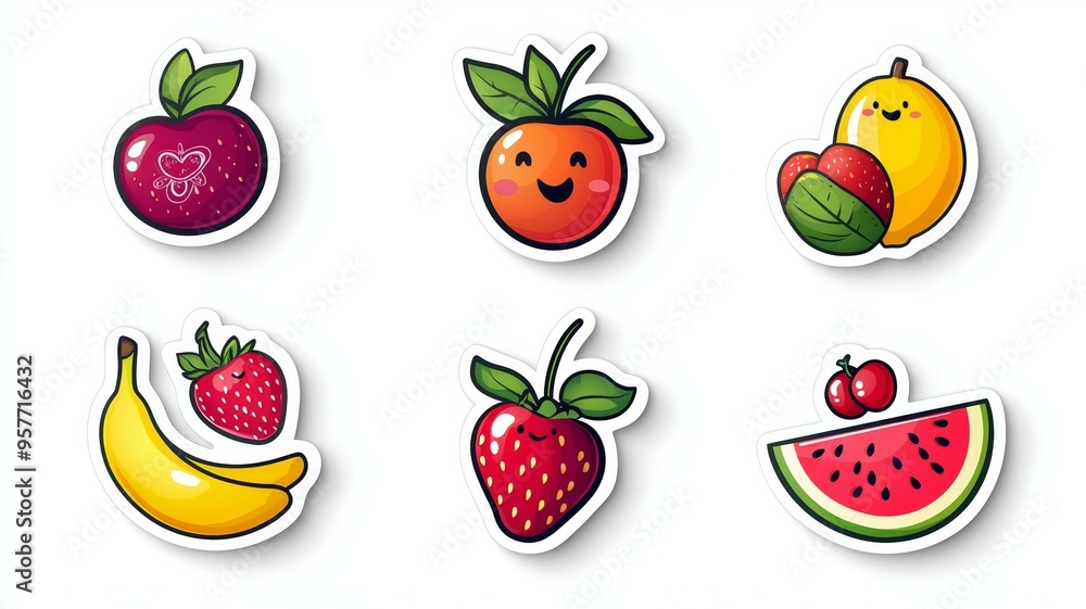 A collection of fruit stickers with a happy face on each one A collection of fruit stickers with a happy face on each one