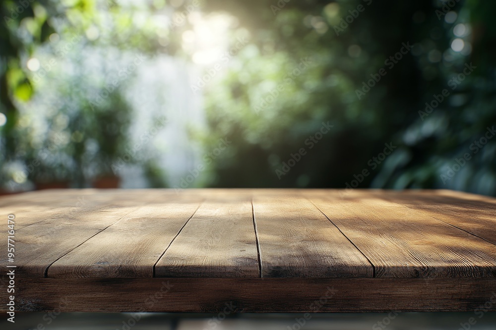 Wooden table top with blurred green background. Wooden table top with blurred green background.