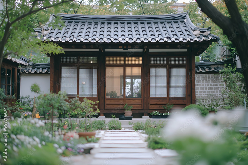 Traditional Korean Hanok House with Wooden Structure and Tiled Roof under Blue Sky Traditional Korean Hanok House with Wooden Structure and Tiled Roof under Blue Sky