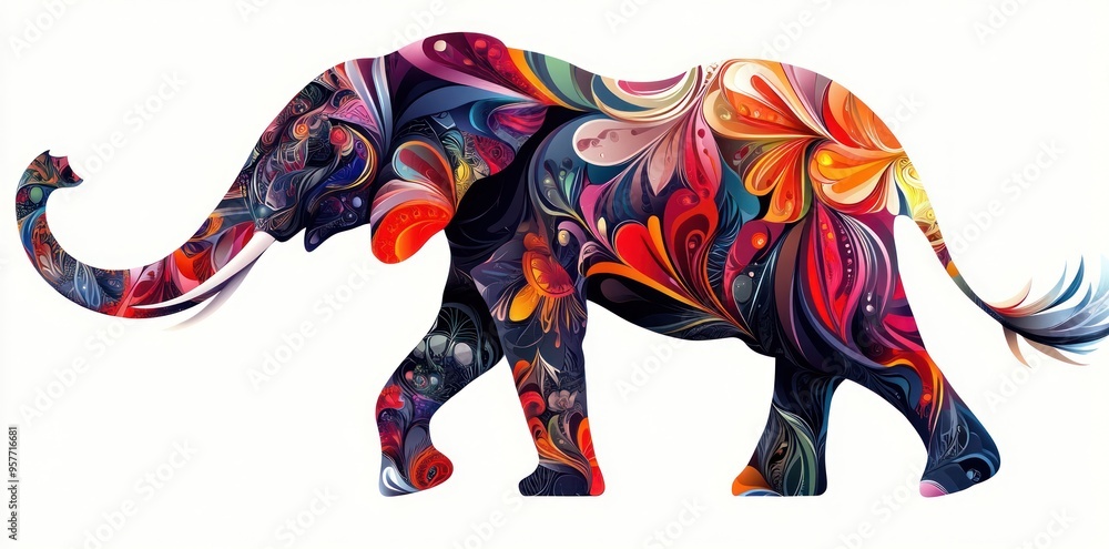 Fototapeta premium Abstract Elephant Silhouette with Colorful Floral Patterns