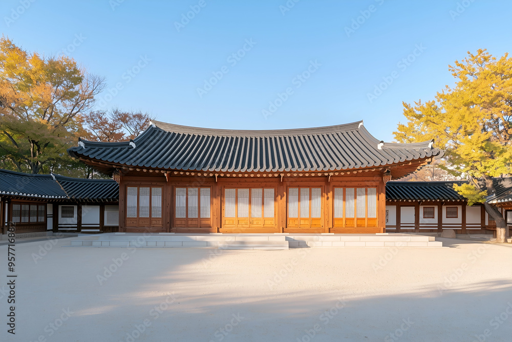 Traditional Korean Hanok House with Wooden Structure and Tiled Roof under Blue Sky Traditional Korean Hanok House with Wooden Structure and Tiled Roof under Blue Sky