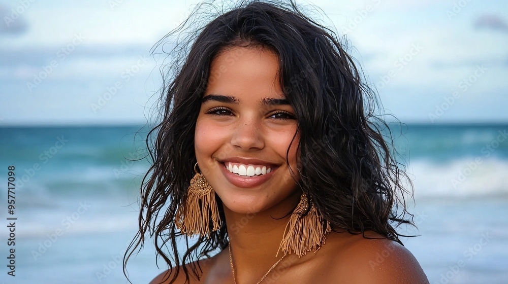 Smiling Woman with Wavy Hair and Bohemian Earrings Enjoying a Seaside Moment with Waves Smiling Woman with Wavy Hair and Bohemian Earrings Enjoying a Seaside Moment with Waves