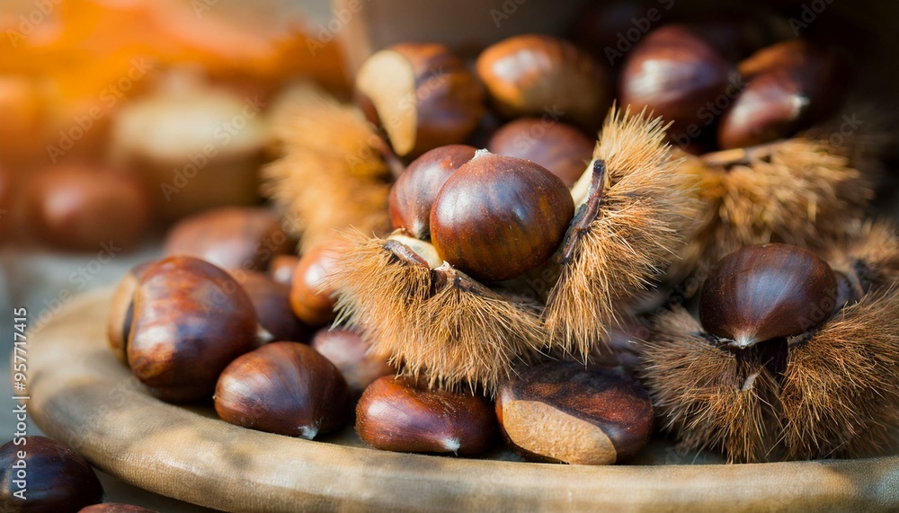 A wooden plate is filled with chestnuts. chestnut fruit A wooden plate is filled with chestnuts. chestnut fruit