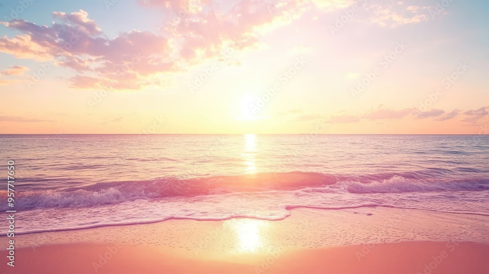 Serene Sandy Beach at Sunrise with Calm Sea Serene Sandy Beach at Sunrise with Calm Sea