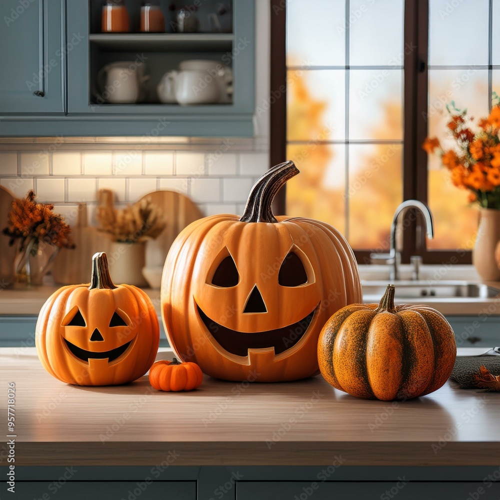 Obraz premium illustrated carved halloween pumpkins on the kitchen counter