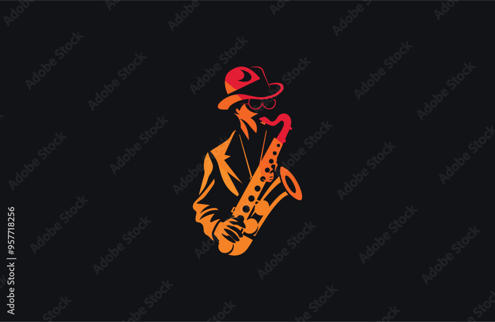 Fototapeta premium Man saxophone logo vector icon illustration.