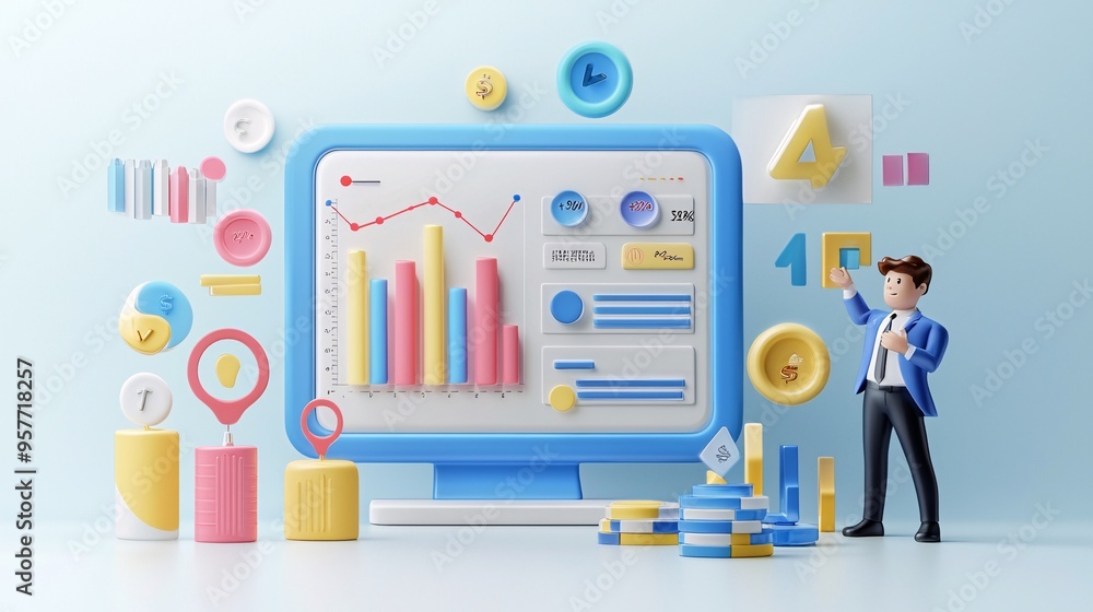 Glowing 3D Digital Sales Report with Charts and Metrics in a Futuristic Style Illustration Glowing 3D Digital Sales Report with Charts and Metrics in a Futuristic Style Illustration