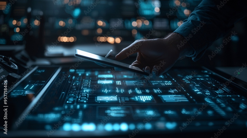 Businessman Brainstorming on Digital Board Surrounded by Complex Diagrams and Flowcharts
