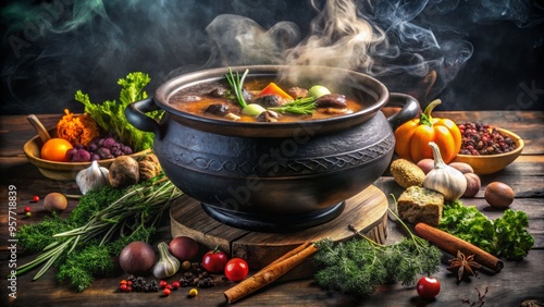 Mystical creatures gather around a silver cauldron, its bowl filled with enchanted kibble and the air thick with