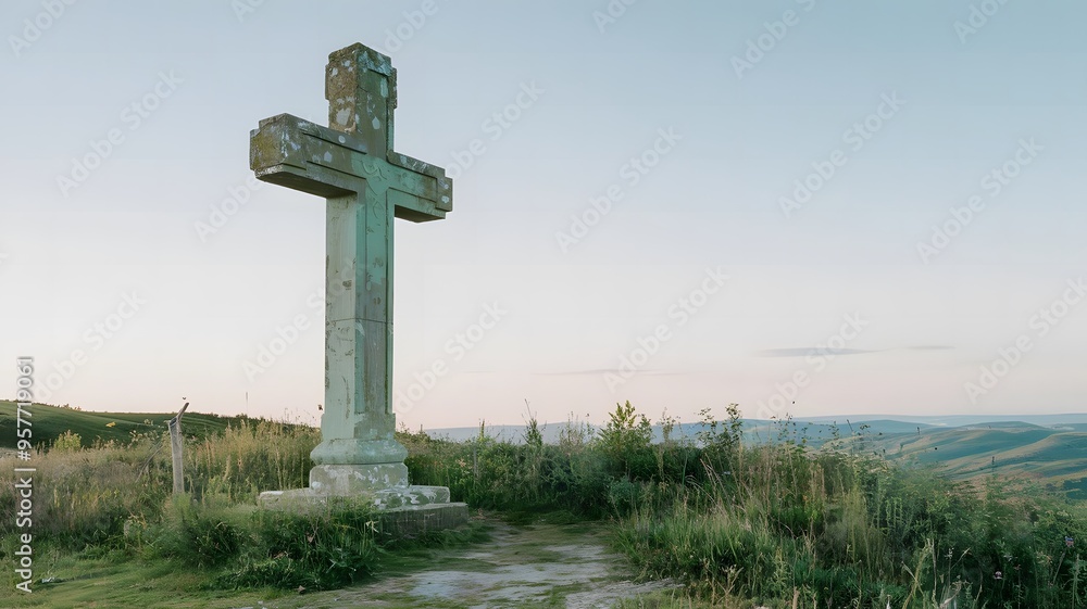 Hilltop View with Ancient Stone Cross at Sunset