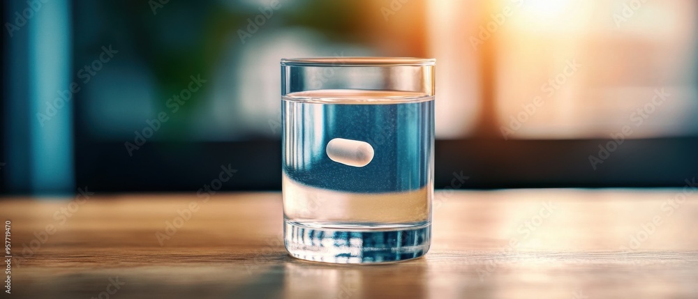 A clear glass of water with a pill floating inside, symbolizing health and wellness on a wooden table. A clear glass of water with a pill floating inside, symbolizing health and wellness on a wooden table.