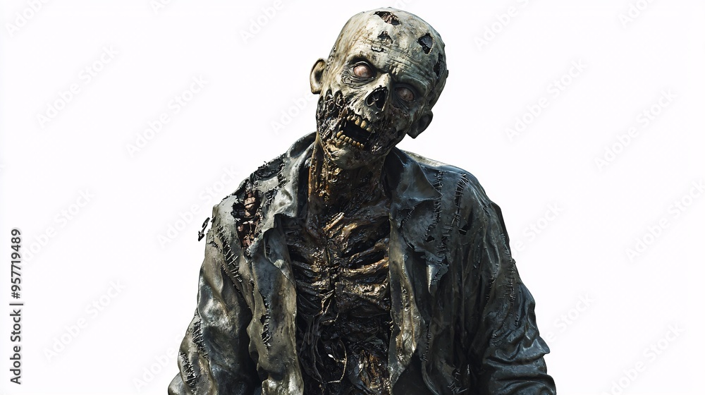 Spooky Zombie Costume Clipart Illustration with Decayed Face and Torn Clothes on White Bac Spooky Zombie Costume Clipart Illustration with Decayed Face and Torn Clothes on White Bac