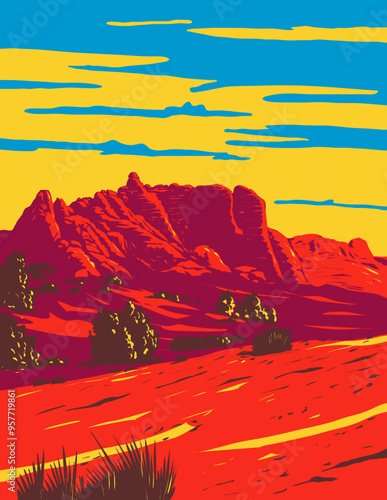 WPA poster art of Rock fins in Fin Canyon within the Devils Garden in Arches National Park in Moab, Utah, United States done in works project administration or federal art project style.
