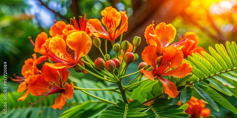 Orange petals of a flamboyant tree flower bloom against lush greenery in warm sunlight on the equator. Orange petals of a flamboyant tree flower bloom against lush greenery in warm sunlight on the equator.