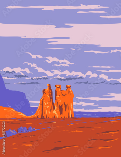 WPA poster art of the Three Gossips, sandstone tower in Courthouse Towers area of Arches National Park in Moab, Utah, United States done in works project administration or federal art project style.