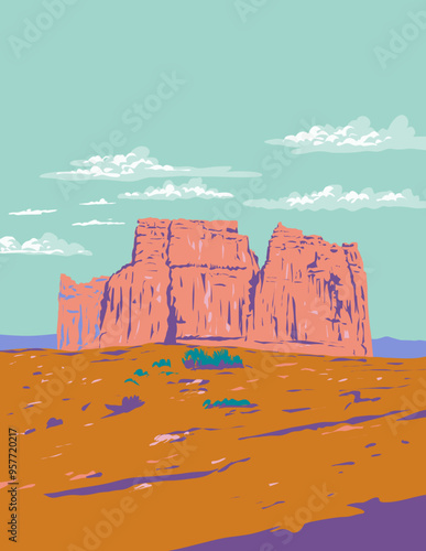WPA poster art of The Organ, sandstone fin in Courthouse Towers area of Arches National Park in Moab, Utah, United States done in works project administration or federal art project style.