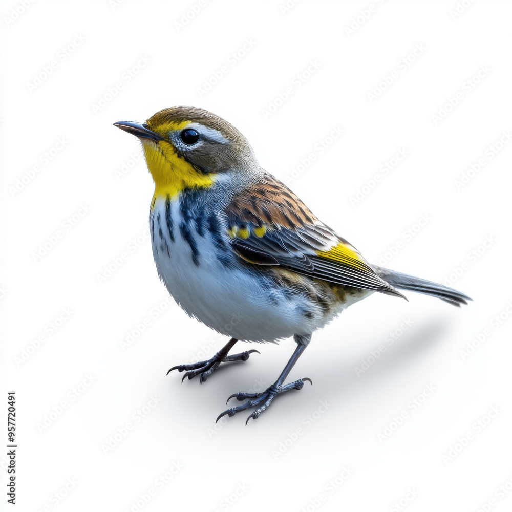 Naklejka premium A detailed view of a yellow-throated warbler standing on a white background, highlighting its vibrant yellow and gray feathers.