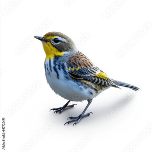 A detailed view of a yellow-throated warbler standing on a white background, highlighting its vibrant yellow and gray feathers. photo