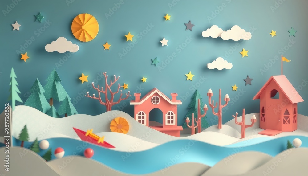 Papercraft houses and trees under a starry sky. Papercraft houses and trees under a starry sky.