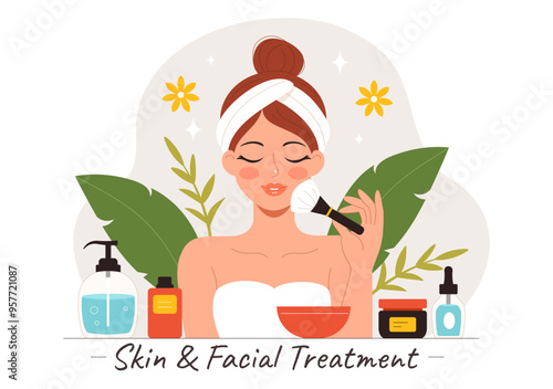 Vector Illustration of Facial and Skin Treatment featuring Women’s Skincare, Anti-Aging Procedures, Massage and SPA Wellness in a Cartoon Background