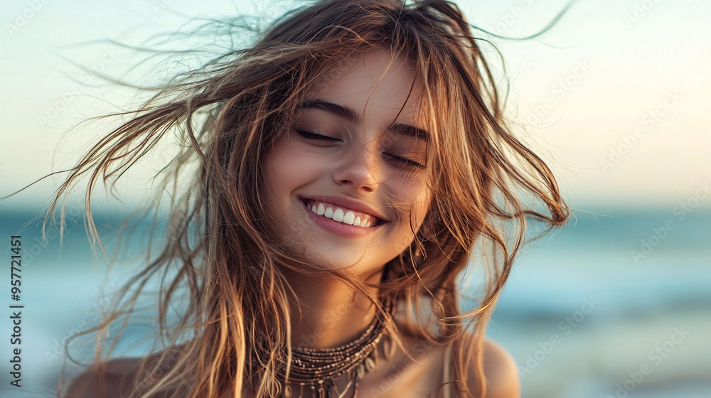Close-Up of a Joyful Woman with Wavy Hair Adorned in Bohemian Jewelry by the Seaside at Su