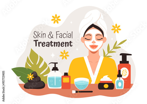 Vector Illustration of Facial and Skin Treatment featuring Women’s Skincare, Anti-Aging Procedures, Massage and SPA Wellness in a Cartoon Background