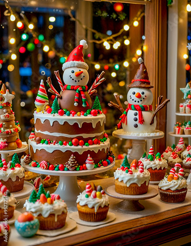 Christmas-themed bakery window showcasing decorated holiday cakes: chocolate cake with snowman, cupcakes with snowmans and Christmas trees. Festive background