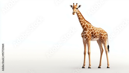 A giraffe stands in front of a white background