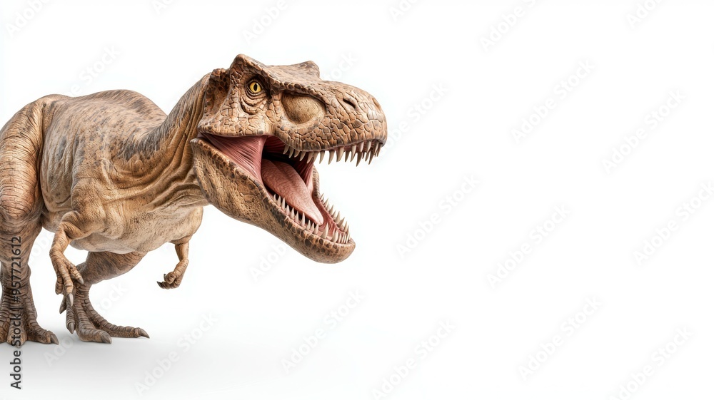 A large dinosaur is shown with its mouth open, looking at the camera A large dinosaur is shown with its mouth open, looking at the camera