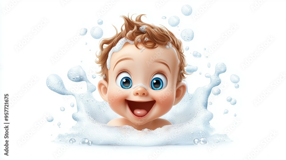 A cartoon baby is in a bathtub with bubbles A cartoon baby is in a bathtub with bubbles