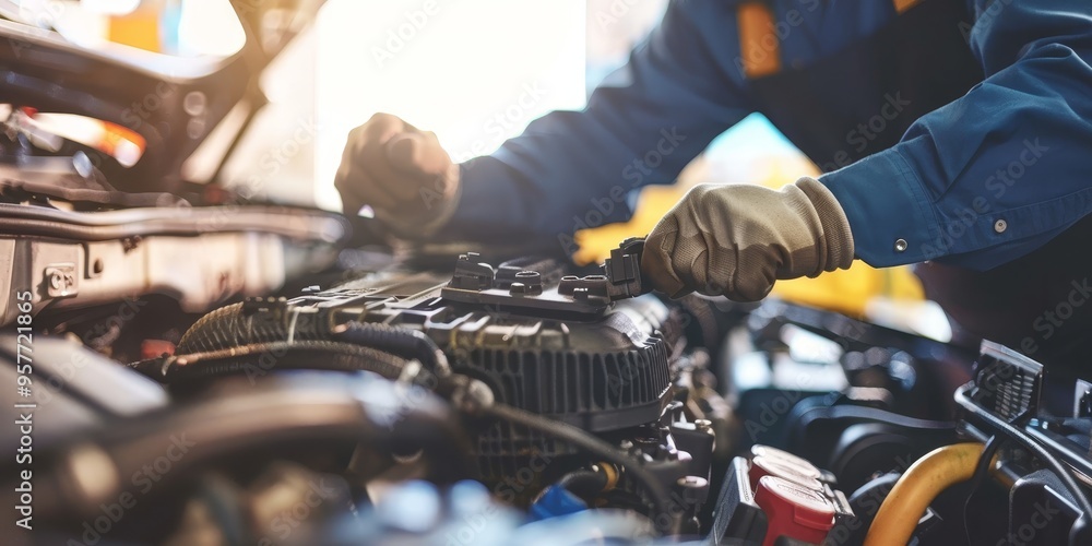 Close-up of a mechanic repairing a car engine in a garage, illustrating automotive expertise and maintenance Close-up of a mechanic repairing a car engine in a garage, illustrating automotive expertise and maintenance