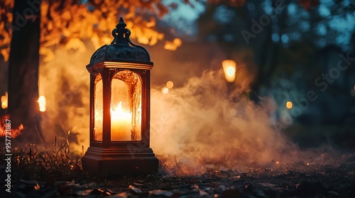 Eerie Halloween Lantern Glowing in Foggy Haunted Scene with Ghostly Apparitions Surroundin photo