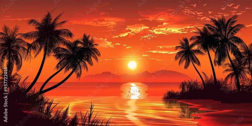Tropical sea scenery at dusk, where palm trees silhouette against a fiery orange sky Tropical sea scenery at dusk, where palm trees silhouette against a fiery orange sky