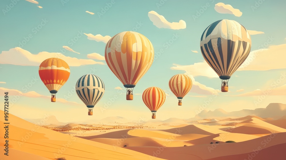 Fototapeta premium Serene Harmony: Balancing Balloons and Desert Elements in a Tranquil Composition