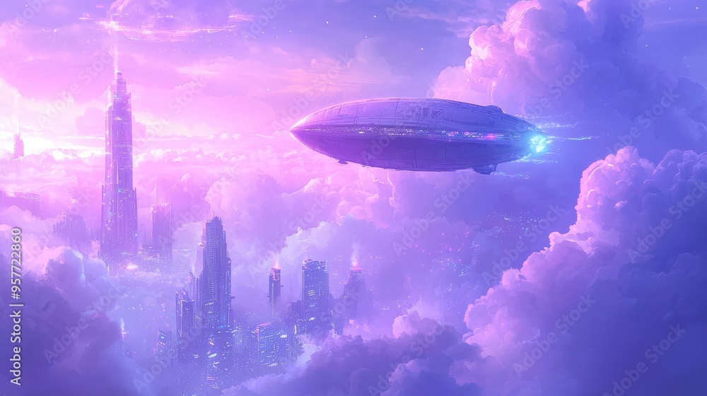 Fototapeta premium Futuristic Cityscape with Flying Airship and Pink Clouds