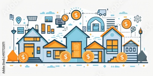 Passive income streams concept with icons of rental properties, investments, and royalties
