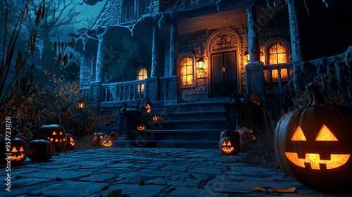 Eerie Halloween Haunted House with Flickering Lanterns and Spooky Shadows in Night Scene